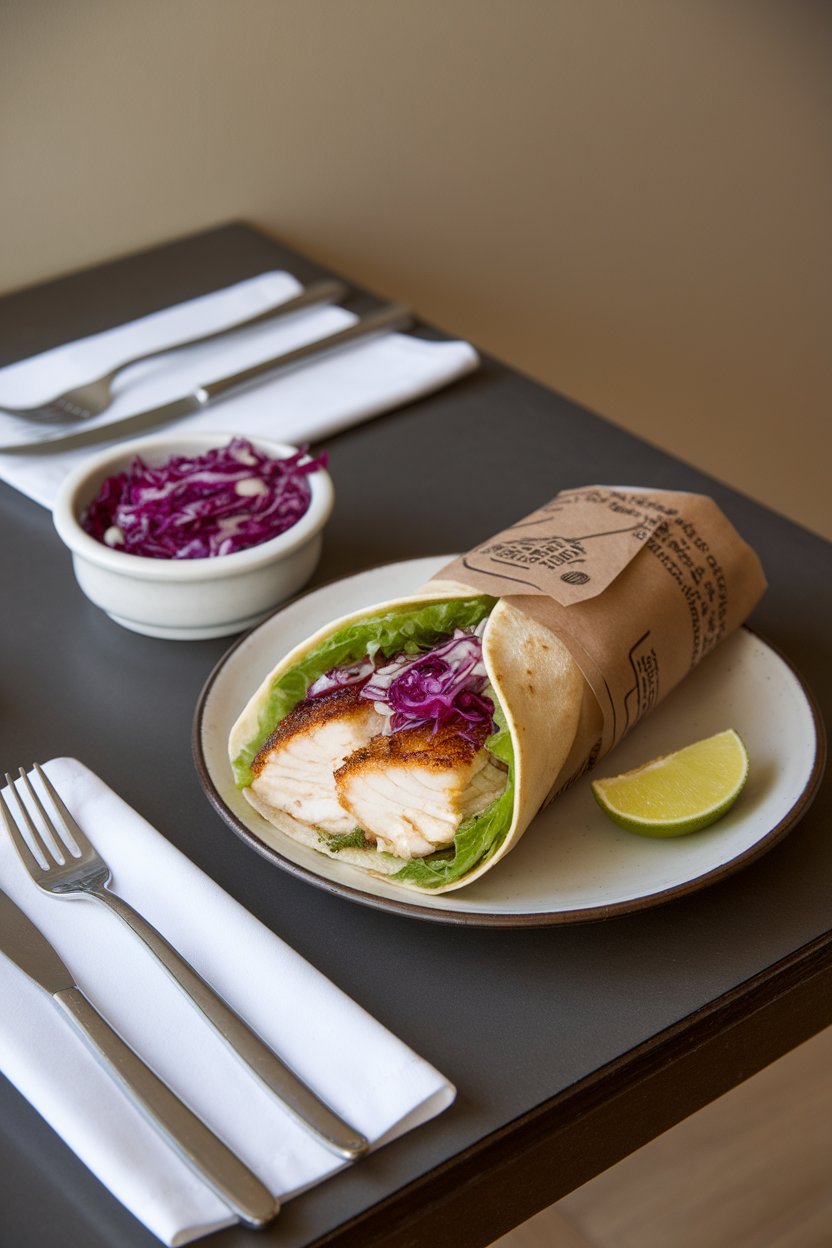 Indoor dining table featuring a wrap filled with flaky blackened cod, purple cabbage slaw, and lime wedge on side. No branding anywhere.