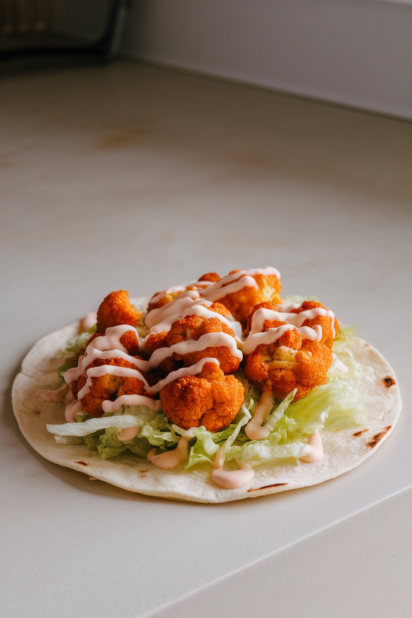 Indoor countertop showing soft tortillas holding roasted buffalo cauliflower bites, shredded lettuce, and ranch drizzle. Photo only, no text or logos.