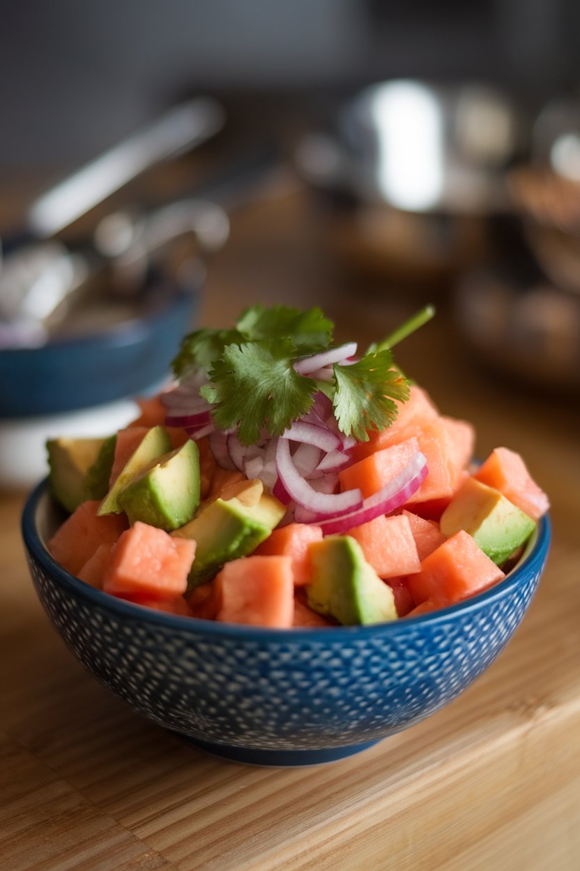 Photo of diced papaya, avocado, and red onion with cilantro leaves in a bowl indoors, no text or logos.