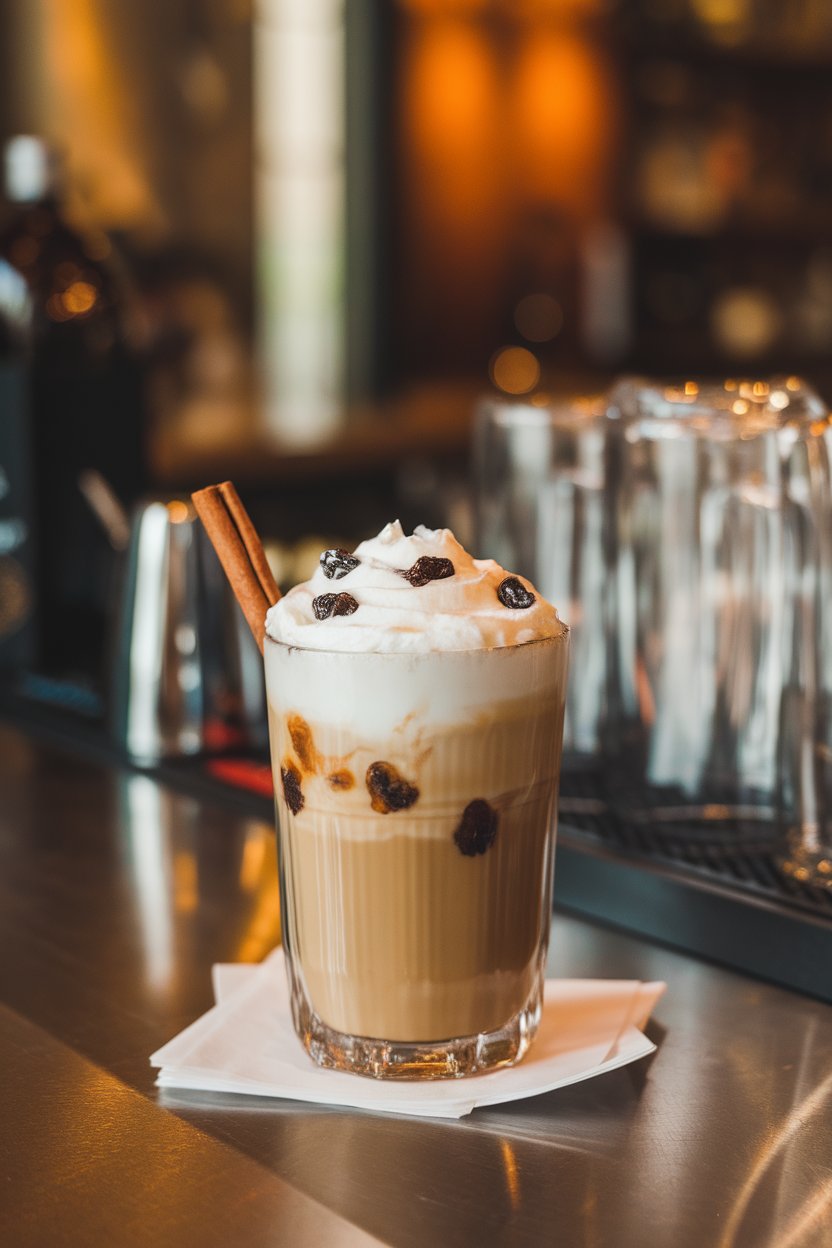 Indoor bar counter featuring a latte glass of rum raisin coffee, raisins floating on whipped cream, cinnamon stick stirrer. No branding or text. Photo only.