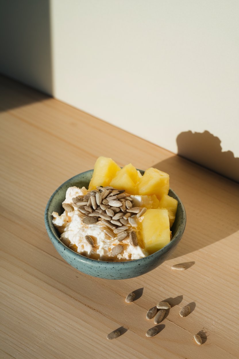 Indoor photo of a small bowl containing cottage cheese, pineapple chunks, and scattered sunflower seeds; bright tabletop lighting, no text or logos