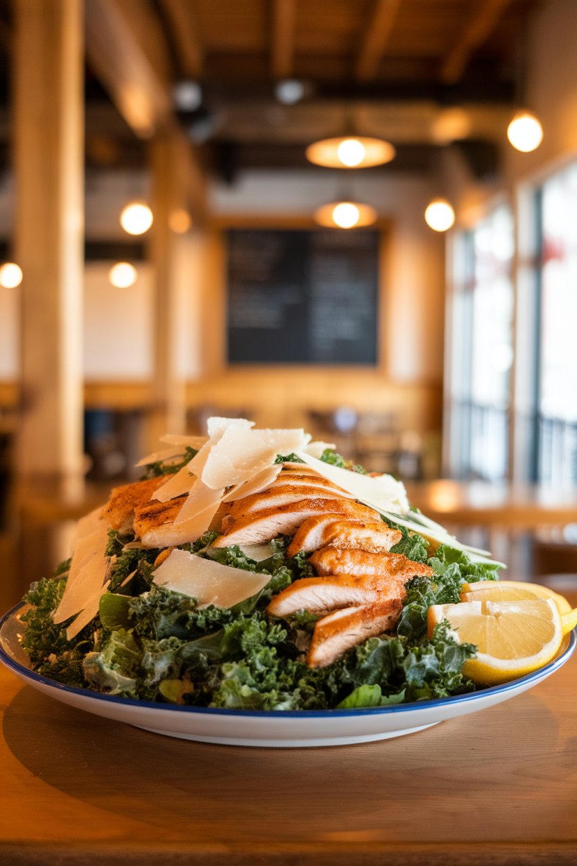 A warmly lit indoor bistro table featuring a large white plate piled with kale Caesar salad, thin grilled chicken strips, and shaved Parmesan. No visible text or logos. Photo only.