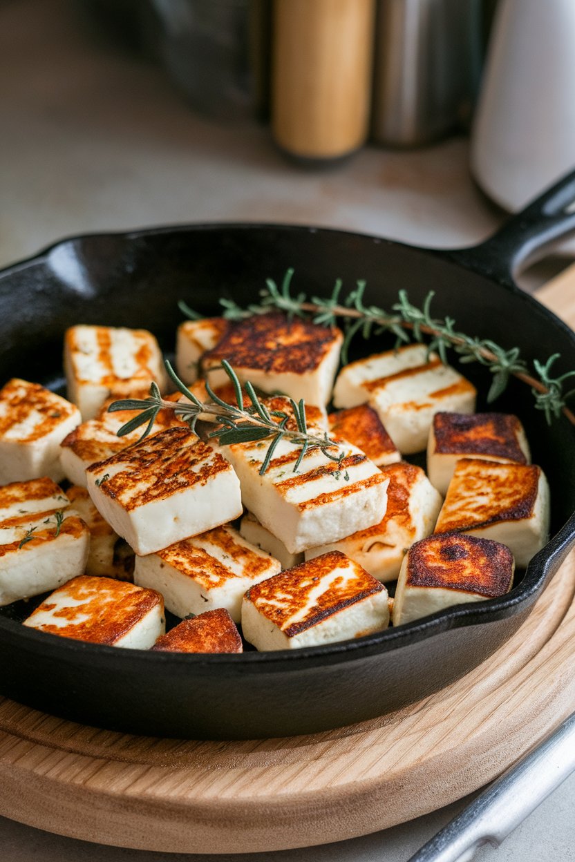 Indoor cast-iron skillet holding golden seared halloumi cubes, garnished with fresh herbs. No logos or text.