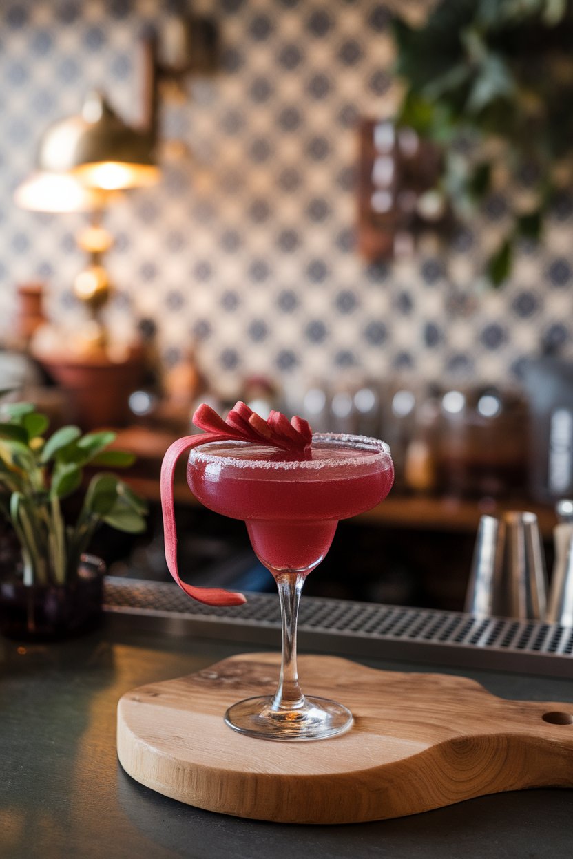 Indoor bar, coupe of deep pink margarita, slender rhubarb ribbon garnish; no text or logos.