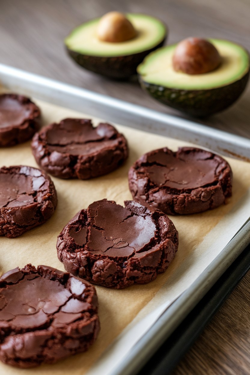 Fudgy dark cookies with cracked tops on an indoor baking sheet, avocado halves blurred in background, no text or logos.