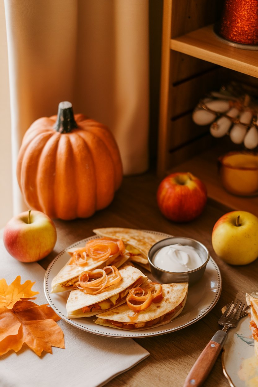 Indoor fall table, apple cheddar quesadilla wedges showing caramelized onion ribbons, photo, no text or logos.