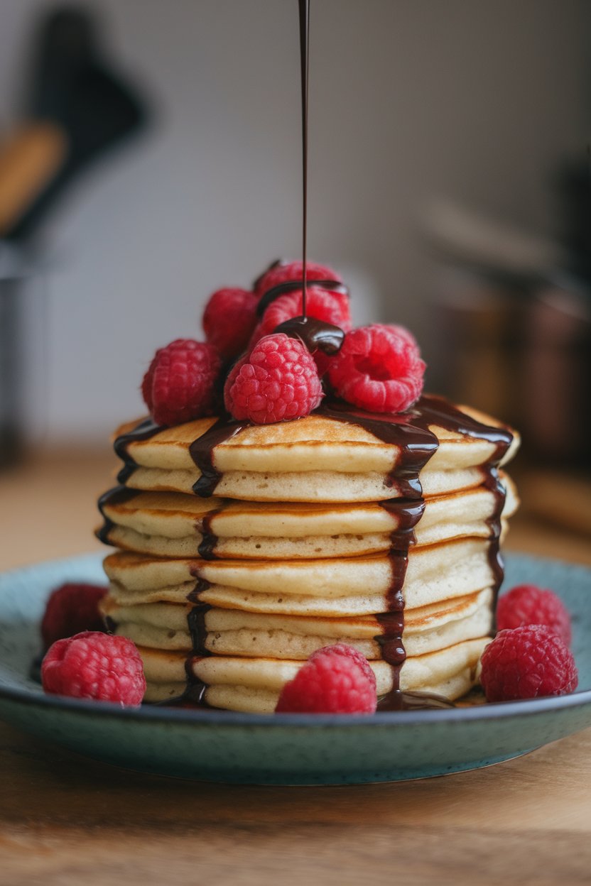 Indoor tabletop with pancakes layered with raspberries and a drizzle of melted dark chocolate; no logos.