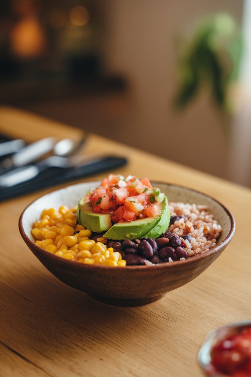 Photo of an indoor dining table showcasing a black bean and brown rice bowl topped with corn, diced avocado, and pico de gallo. No text or logos visible.