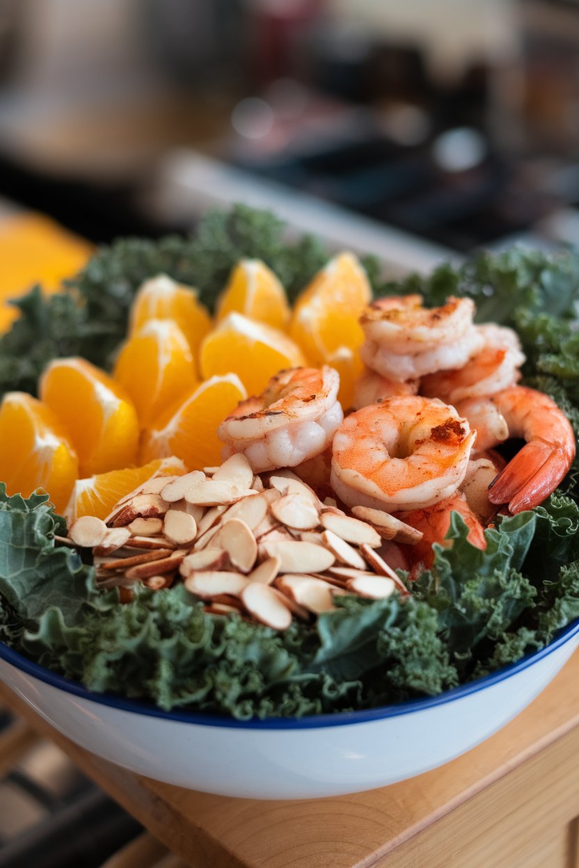 An indoor bowl filled with kale leaves, orange segments, grilled shrimp, and sliced almonds. No text or logos visible. Photo only.