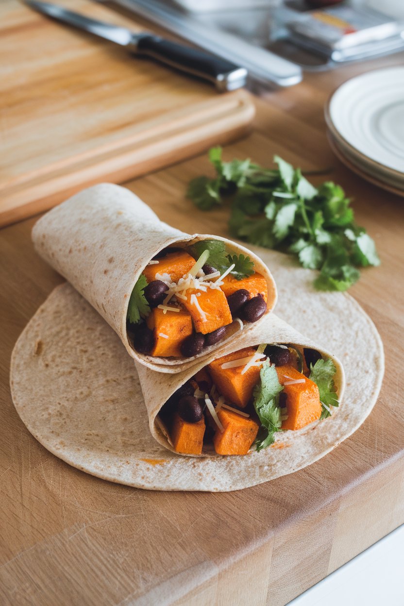 An indoor countertop shot of a whole-wheat wrap filled with roasted sweet potato cubes, black beans, and fresh cilantro, no logos.