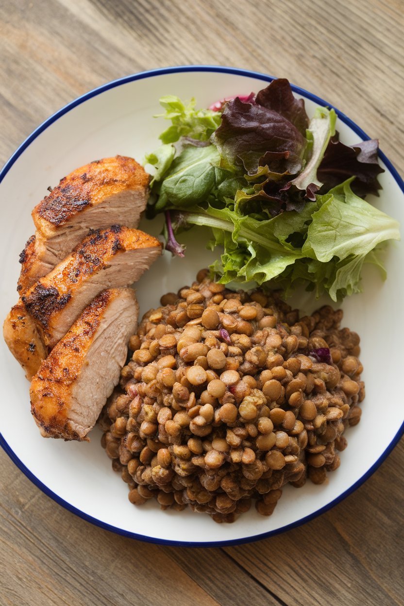 An indoor plate showing a balanced portion of grilled chicken alongside lentil salad and mixed greens; no logos. Photo.