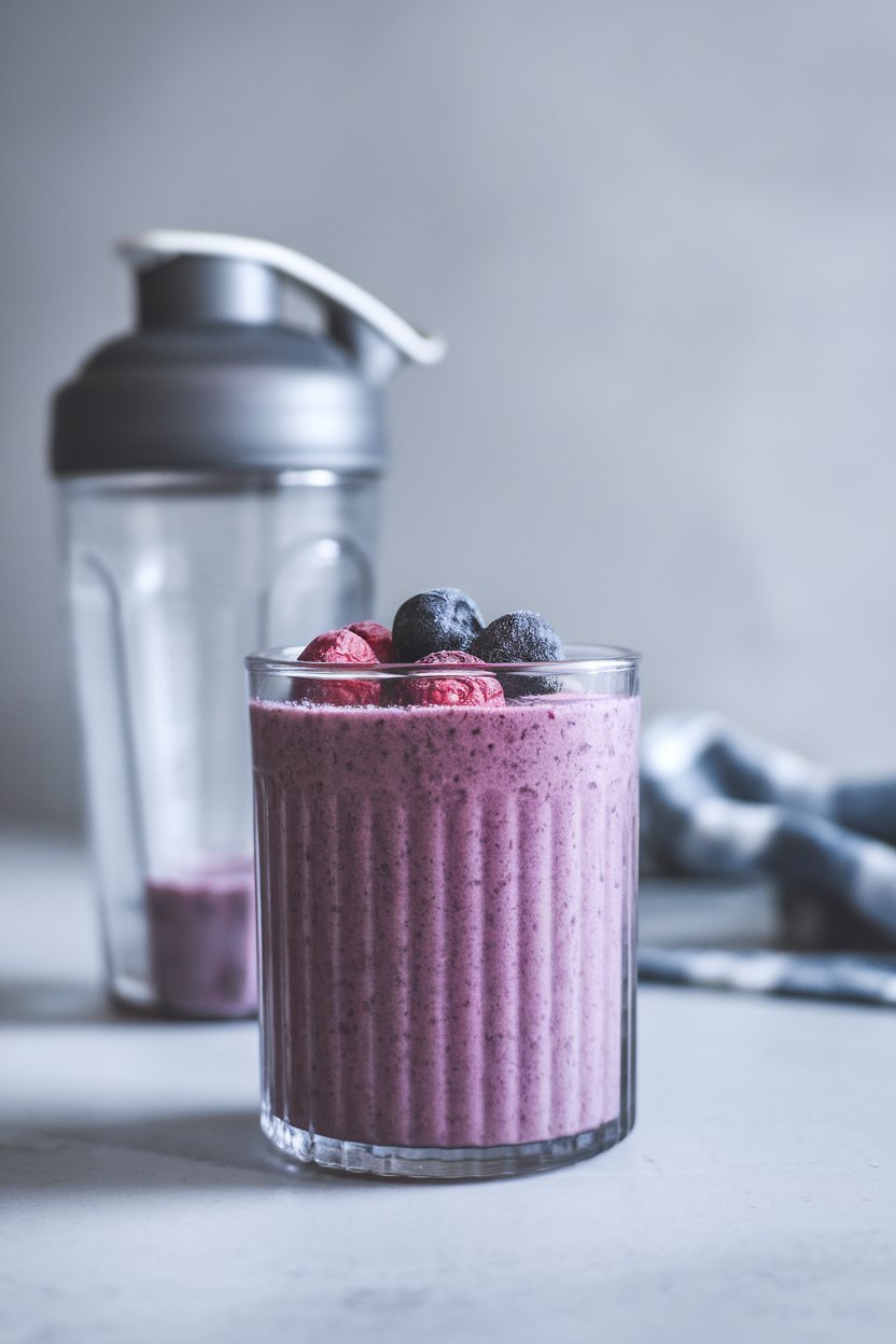 Indoor shaker bottle poured into a clear glass showing a purple berry smoothie topped with a few frozen berries. Photo, no text or logos.