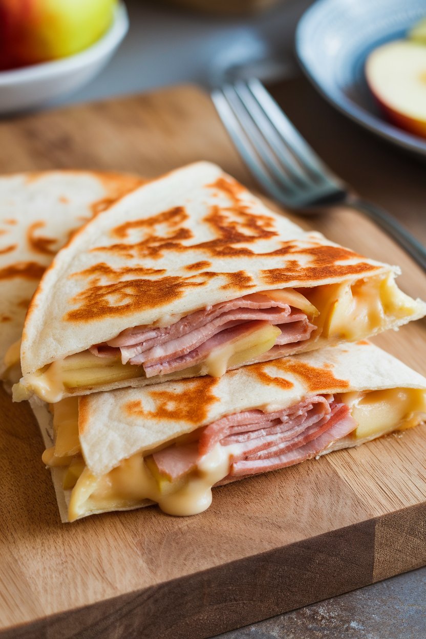 Indoor cutting board, thin turkey and apple slices inside a gooey Brie quesadilla, photo, no text or logos.