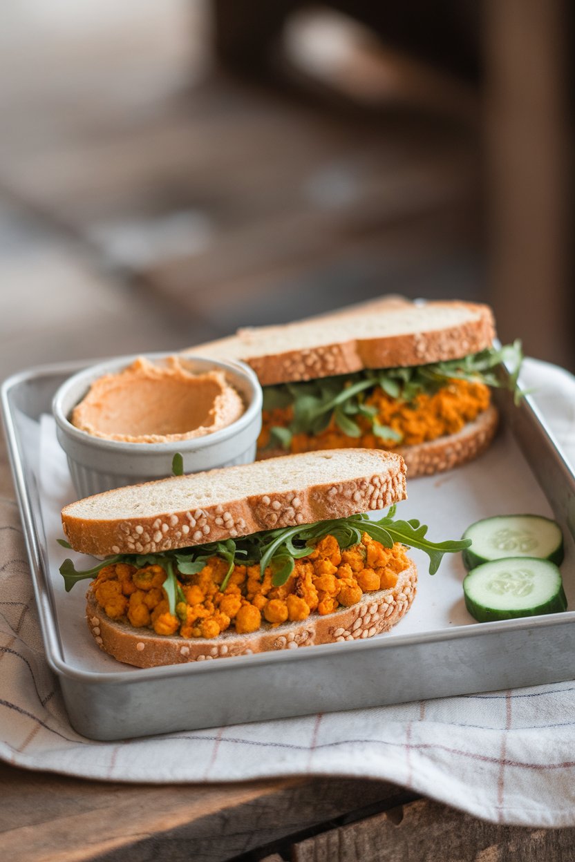 An indoor lunch tray with sprouted bread sandwiches filled with turmeric-spiced smashed chickpeas and arugula. No text or logos present. Photo only.