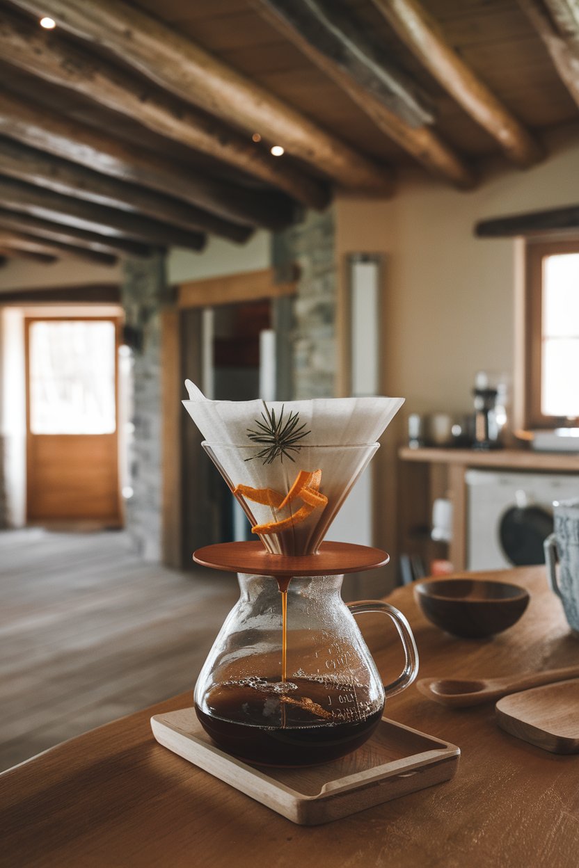 Indoor lodge kitchen showing a pour-over set, glass carafe catching coffee dripping through a filter with a tiny pine needle and orange peel inside. No text or logos. Photo only.