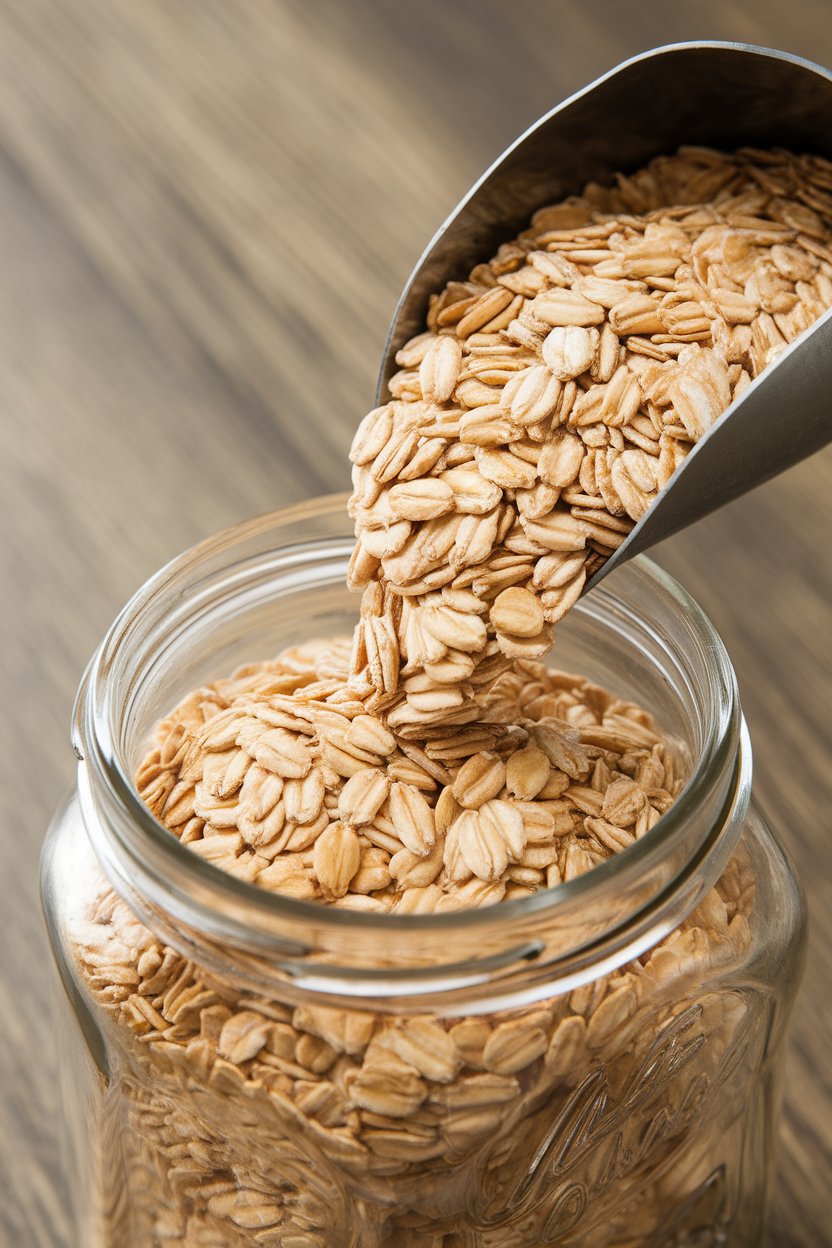 Photo of rolled oats spilling from a scoop into a glass jar indoors, bright side lighting, no text or logos