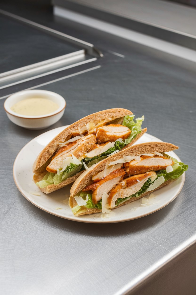 Photo of an indoor lunch counter featuring halved whole-wheat pita pockets stuffed with grilled chicken strips, romaine, shaved Parmesan, and Caesar dressing; no text or logos