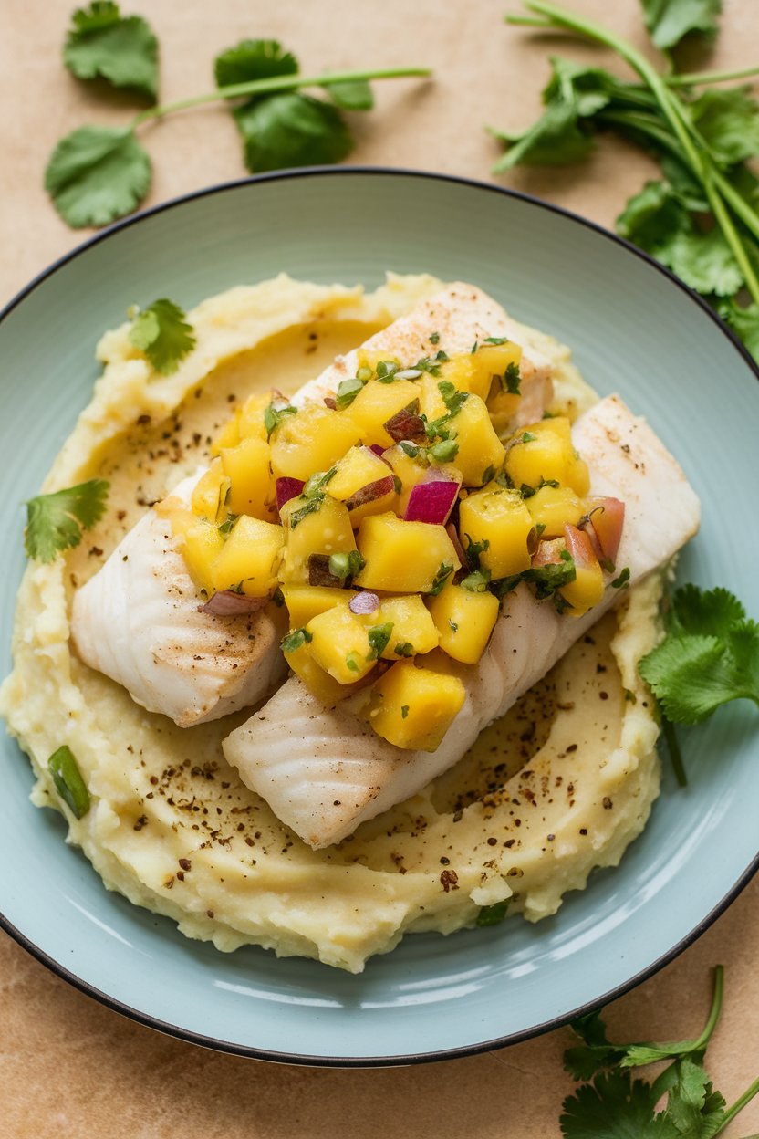An indoor plate of baked white fish fillet topped with chunky mango salsa, cilantro leaves scattered around; no text or logos; photo.
