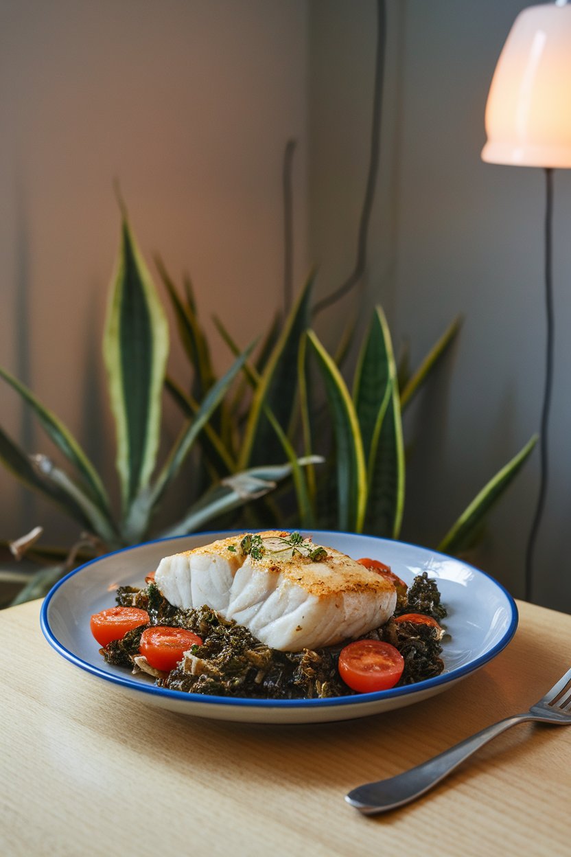Photo of an indoor dining room scene with a plate of baked cod over a bed of sautéed kale and cherry tomatoes. No text or logos present.