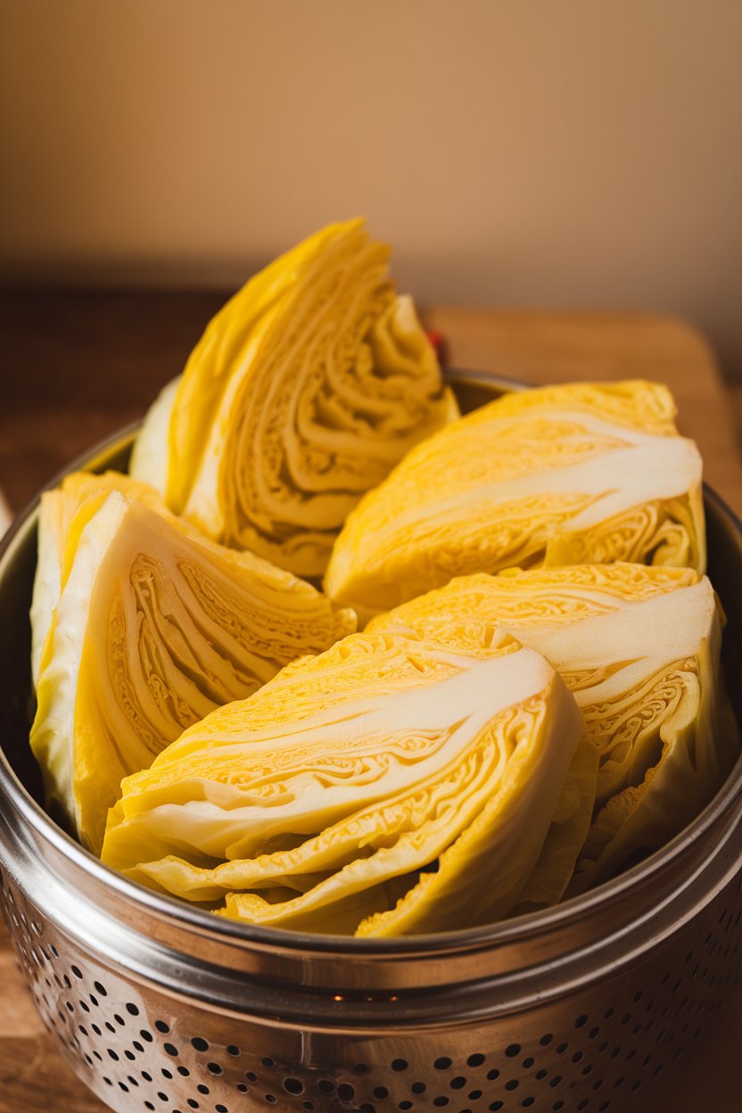 Indoor photo of bright yellow cabbage wedges in a steamer basket, turmeric tint visible. No text or logos; photograph.