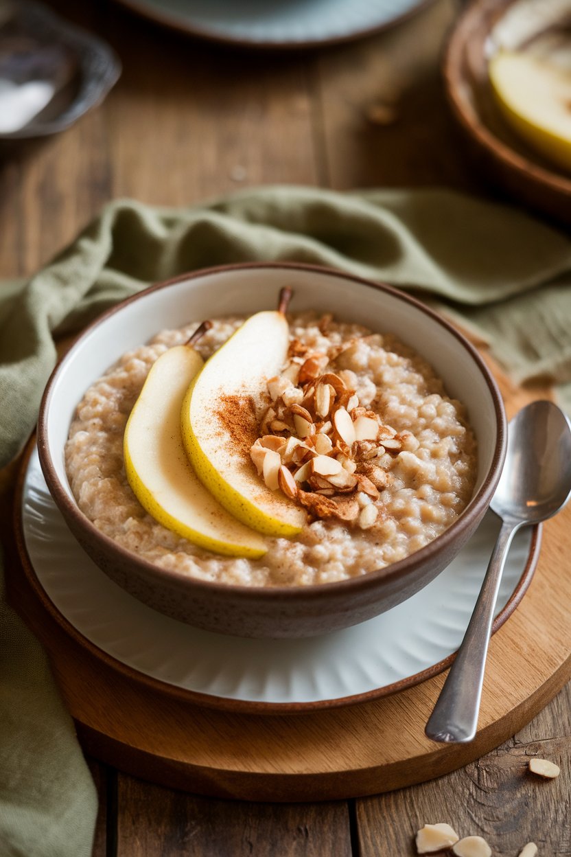 An indoor breakfast scene with a bowl of creamy quinoa porridge topped with sliced pears, cinnamon, and chopped almonds. No text or logos; photo, not illustration.