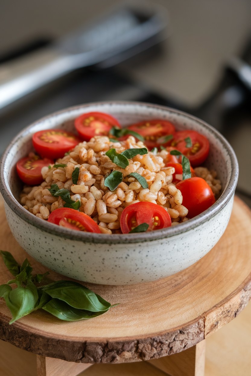Indoor photo of a ceramic bowl filled with chewy farro grains, halved cherry tomatoes, and chopped basil. No text or logos; photo.