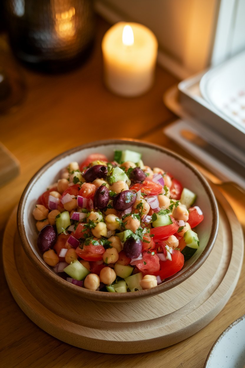 A warmly lit indoor dining table featuring a shallow bowl of Mediterranean chickpea salad with diced tomatoes, cucumbers, kalamata olives, red onion, and chopped parsley lightly glistening with olive oil—shot from a slight overhead angle. Photo only, no text or logos.