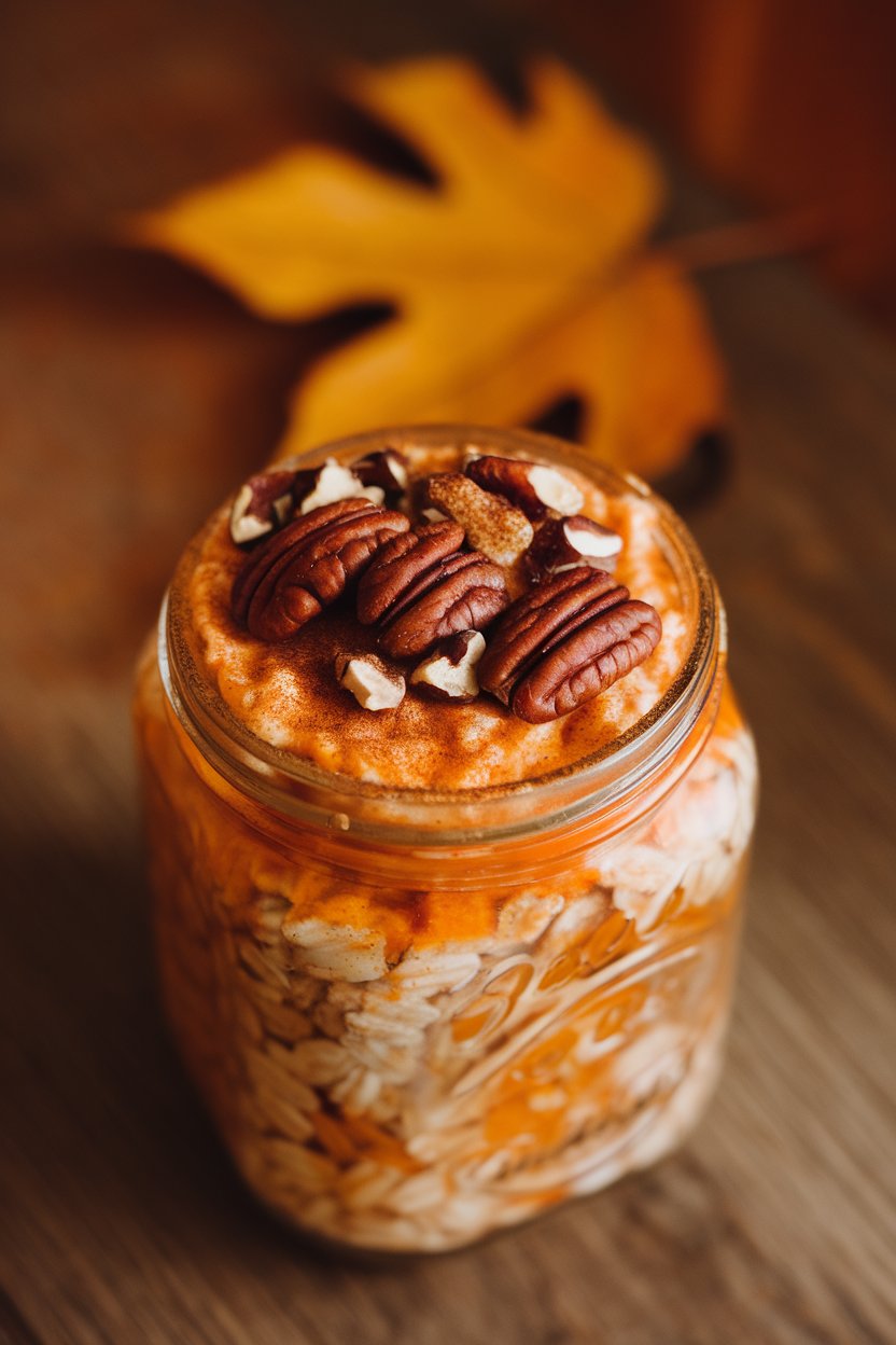 Indoor autumn counter shot of a jar of orange-tinted oats topped with chopped pecans and a dusting of cinnamon. No text or logos. Photo not illustration.