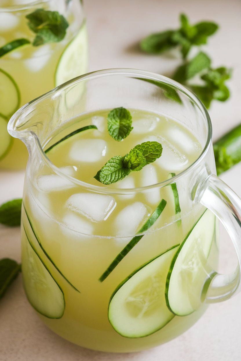 A photo of an indoor pitcher containing pale green honeydew juice mixed with cucumber ribbons and ice; no text or logos.