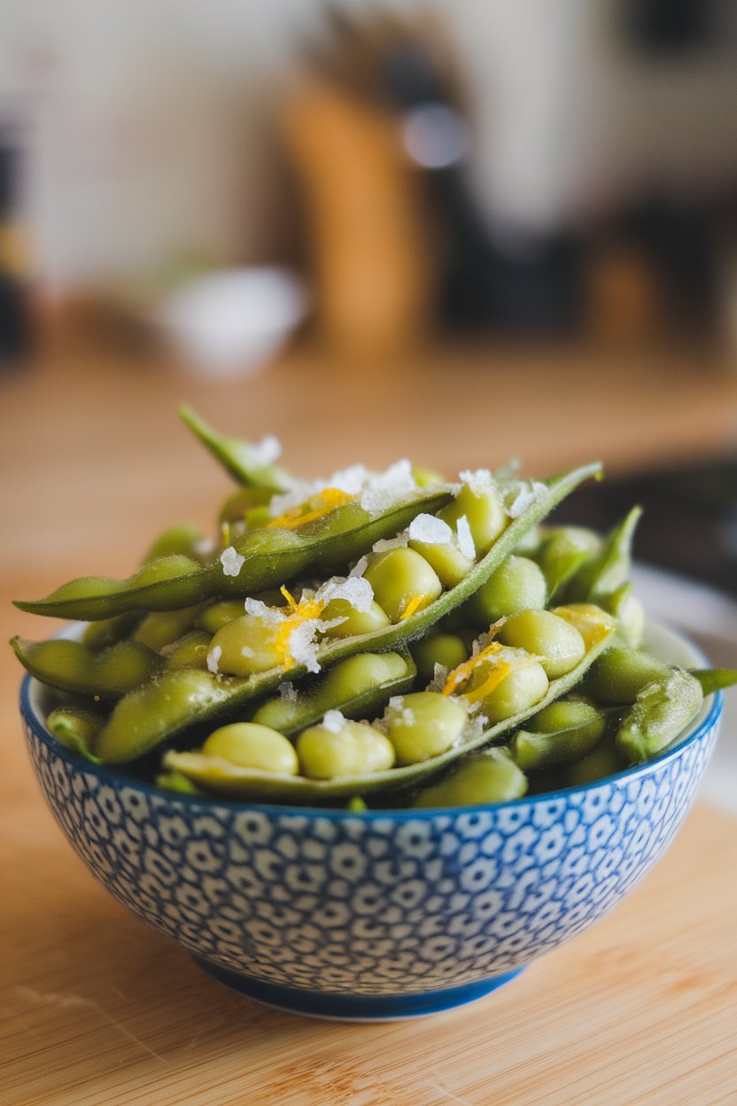 An indoor bowl of steamed edamame pods sprinkled with flaky sea salt and lime zest. No text or logos. Photo, not illustration.