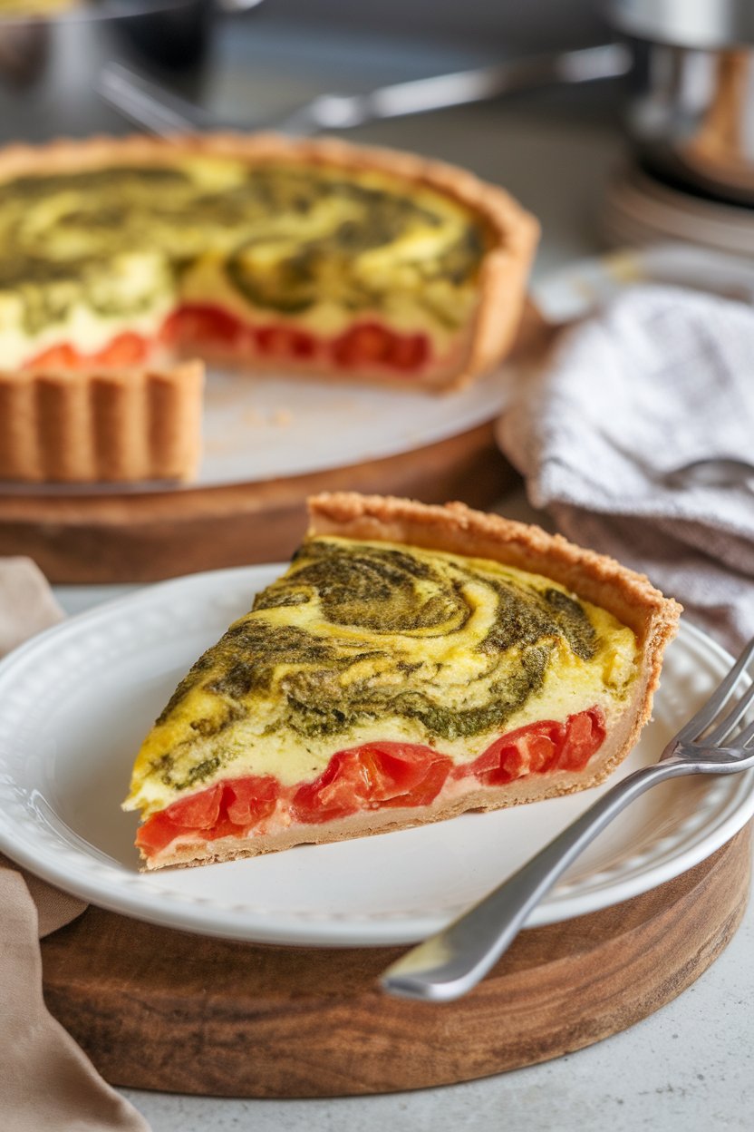 Indoor counter scene showing a slice of pesto tomato quiche, basil pesto swirled through custard, no text or logos.