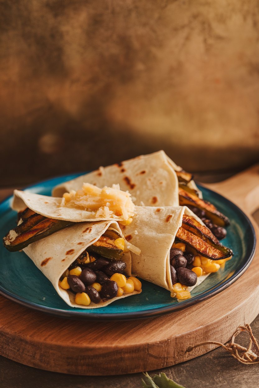 Photo indoors of tortillas stuffed with grilled poblano strips, black beans, and corn kernels. No logos or text.