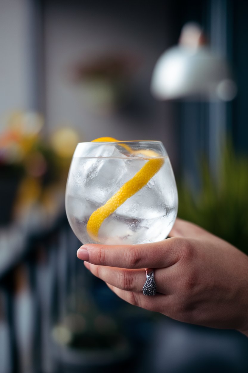 Indoor balloon glass with ice, pale white port and tonic, lemon zest ribbon swirling. No branding visible.