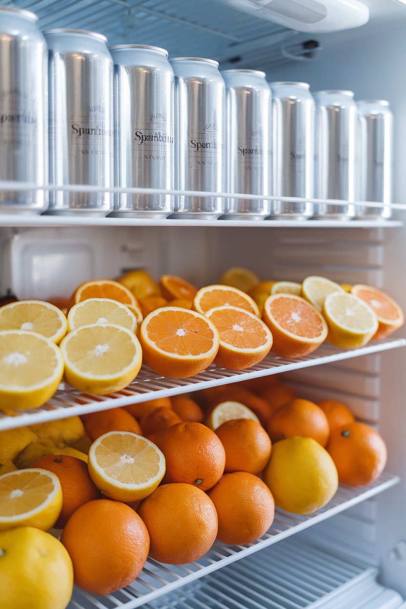 A refrigerator shelf stocked with sparkling water cans (generic, no logos) and sliced citrus for infusions, bright indoor lighting.