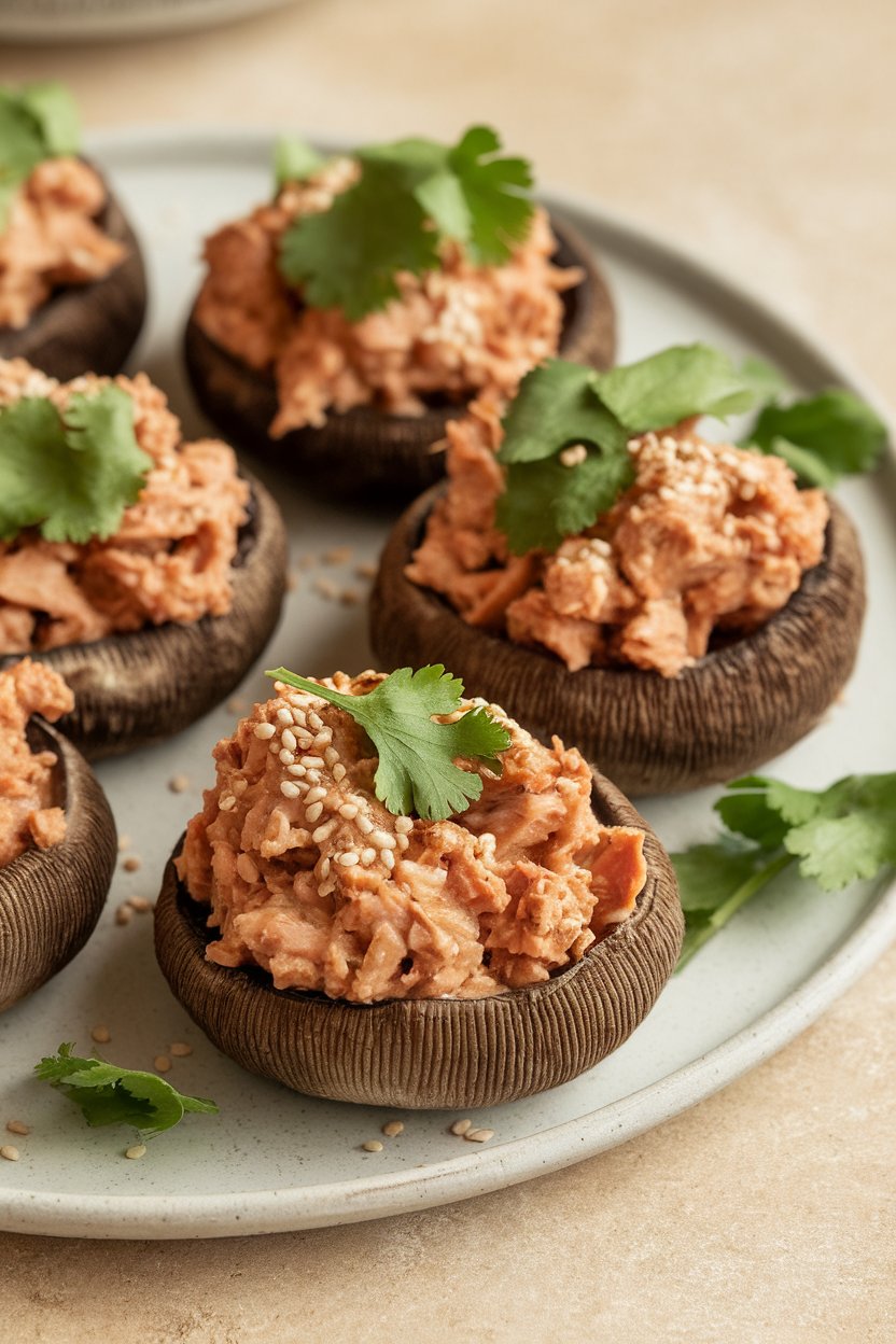 Baked portobello caps filled with spicy chipotle tuna mix, garnished with chopped cilantro; indoor photo, no logos.