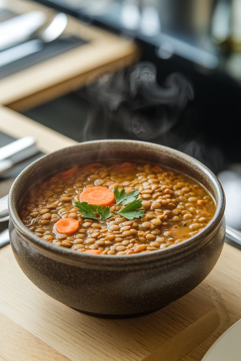 A stoneware bowl on an indoor dining table brimming with thick lentil soup dotted with carrot rounds and fresh parsley. Steam gently rises; no text or logos present.