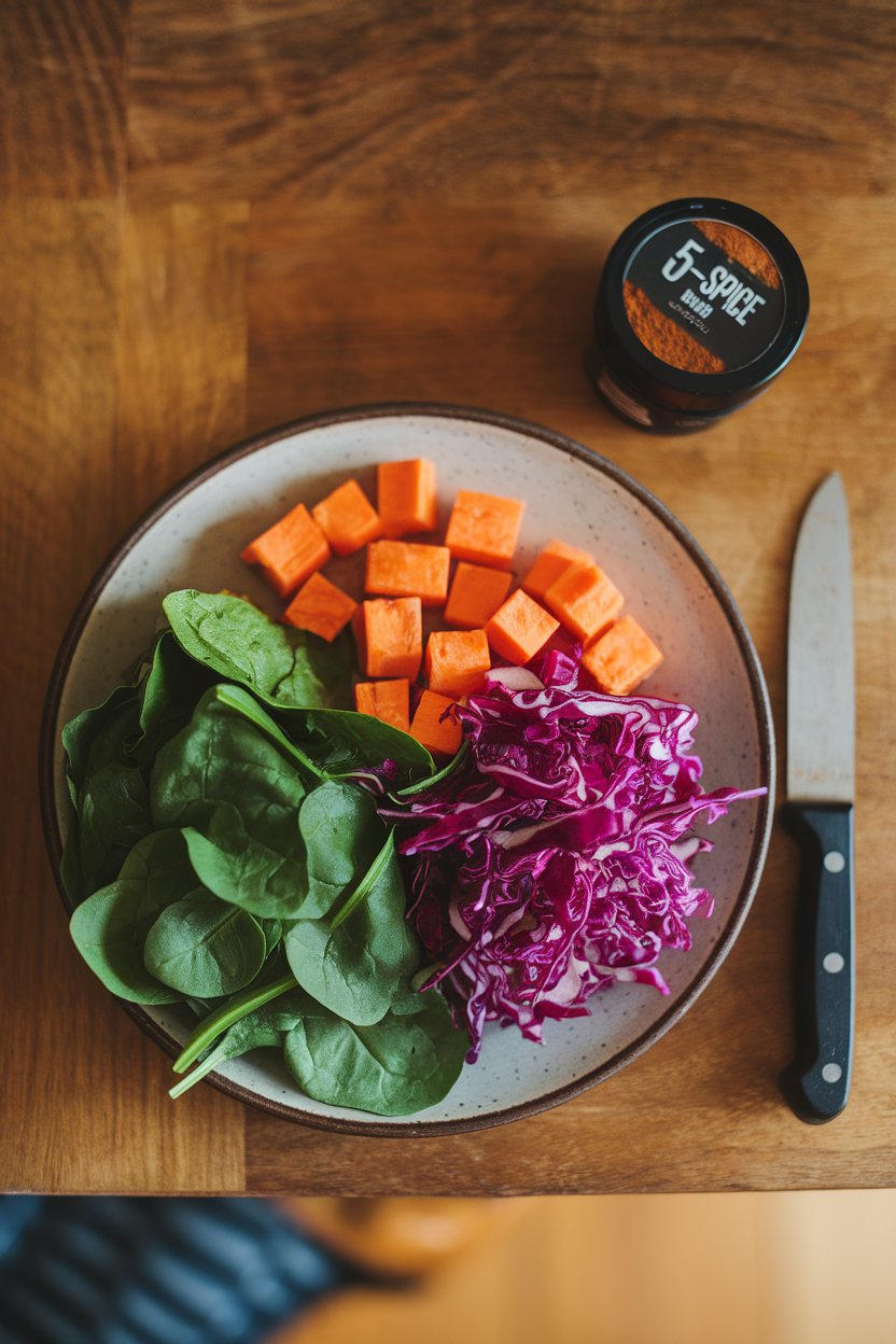 Indoor overhead shot of a balanced plate showcasing green spinach, orange sweet potato cubes, and purple cabbage slaw arranged attractively. Warm lighting, no text or logos.