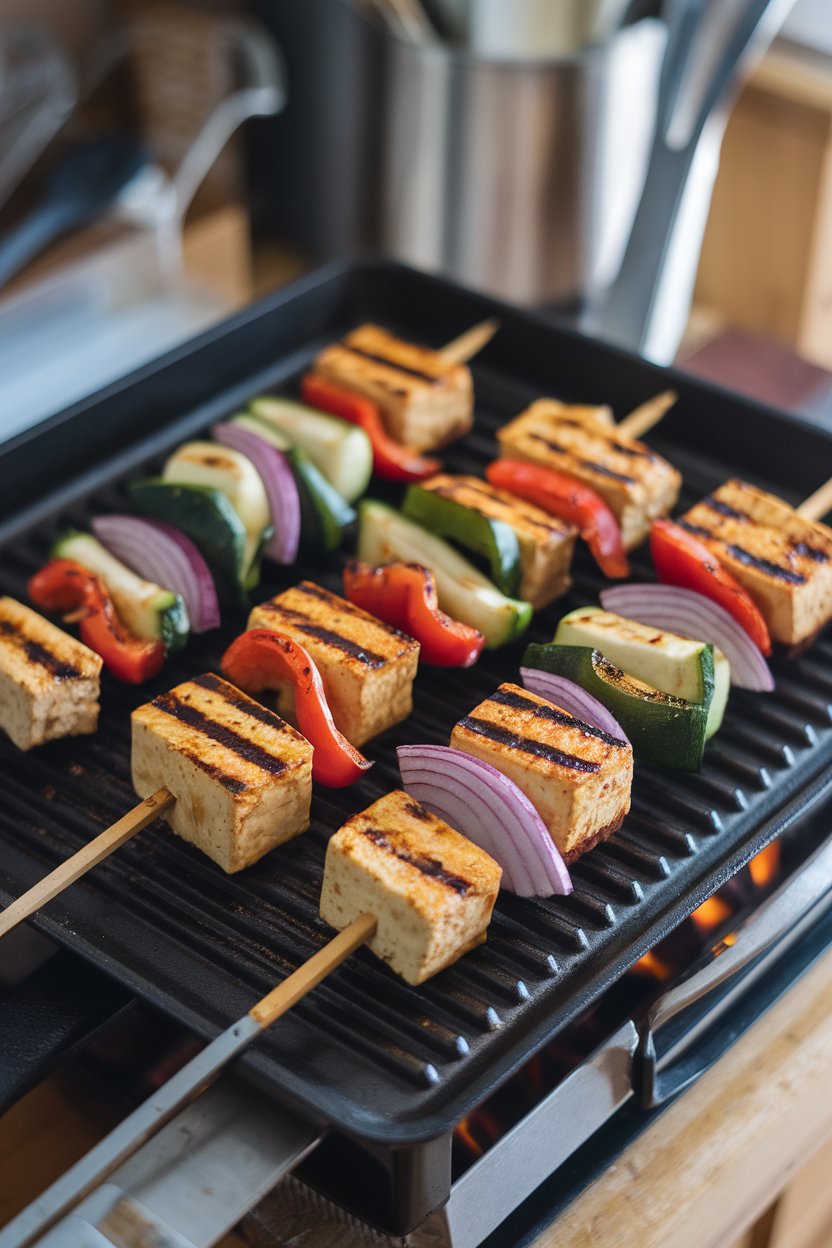 Indoor grill pan with skewers of marinated tofu cubes, bell pepper, zucchini, and red onion, nicely charred. No text or logos visible.