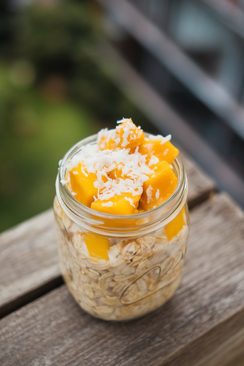 Indoor countertop photo of a jar filled with creamy oats, golden mango cubes, and a sprinkle of shredded coconut, captured from a slight overhead angle. No text or logos. Photo only.