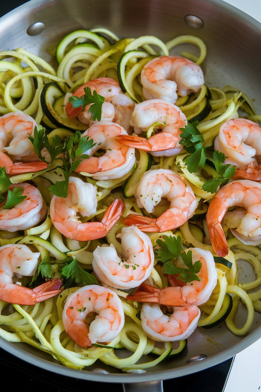 Photo of cooked shrimp tossed with spiralized zucchini in a skillet, garnished with parsley, all indoors under bright kitchen lights. No logos or text present.
