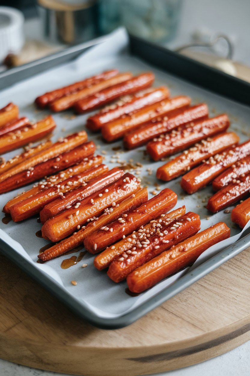 An indoor baking tray lined with glazed roasted carrot sticks sprinkled with sesame seeds; photo only, no text or logos.