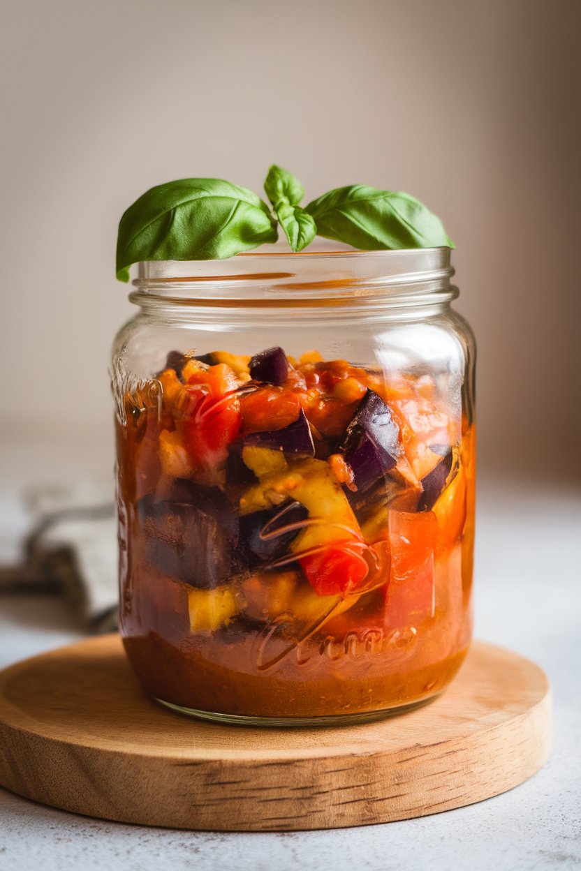 Indoor food photo of chunky eggplant-tomato caponata in a glass storage jar; basil leaf garnish, no text or logos.