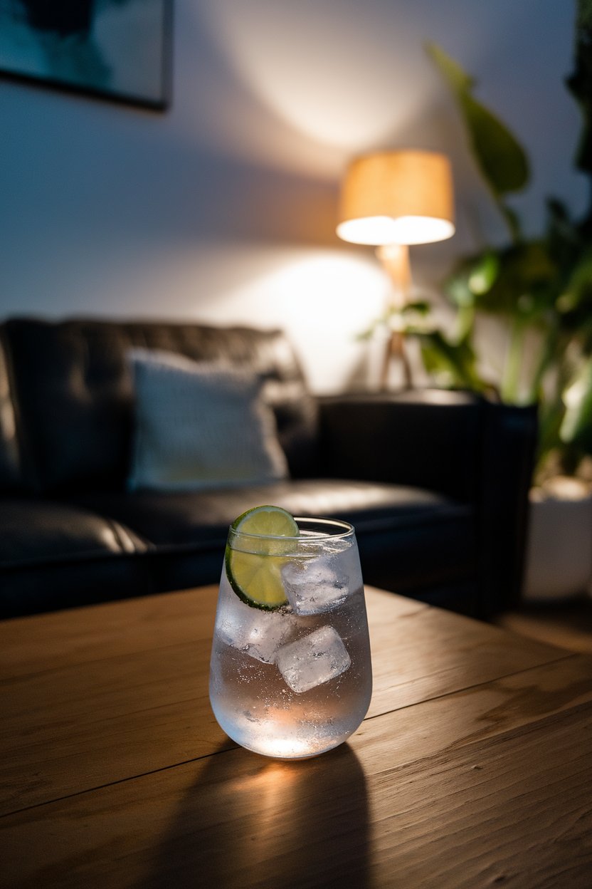 An indoor evening scene with a stemless glass of sparkling water garnished with lime, ice cubes visible, set on a wooden coffee table. No text or logos on glass.