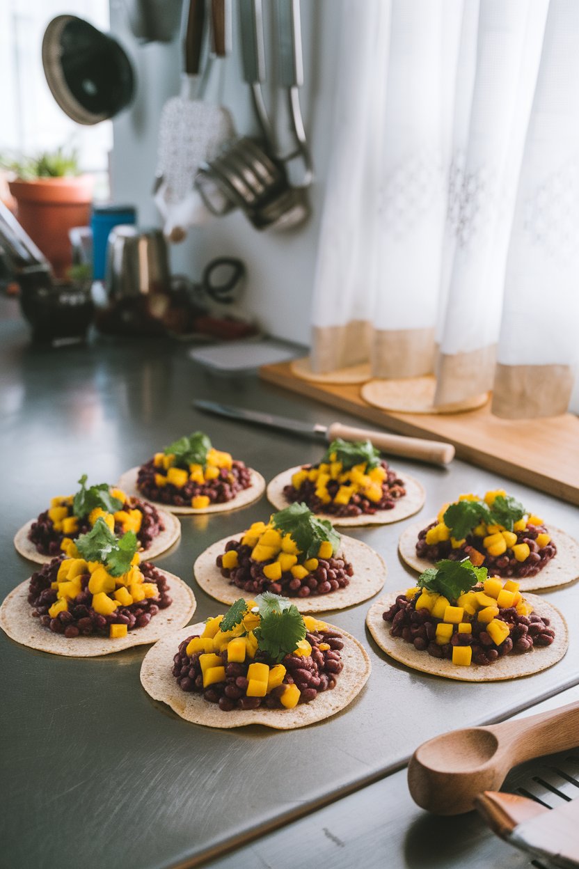 Indoor kitchen counter with soft corn tortillas topped with black bean and diced mango salsa, cilantro sprinkled over. No text or logos on any items.