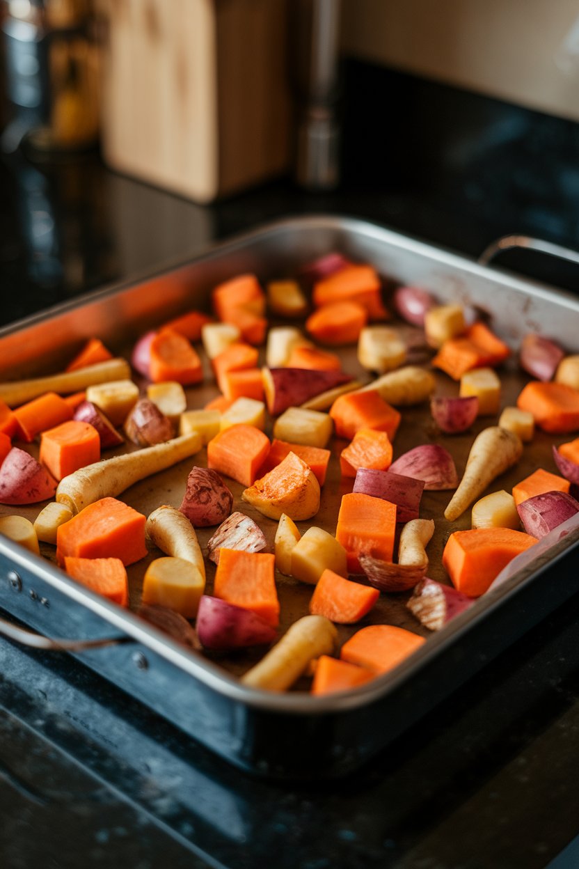 Photo of an indoor countertop with a roasting tray of cubed sweet potatoes, carrots, and parsnips caramelizing in the oven. No text or logos anywhere.