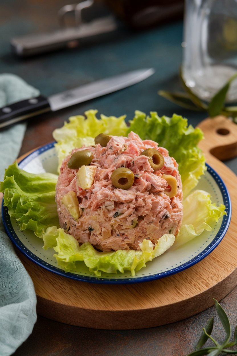Indoor plate holding a mound of tuna salad dotted with green olives and artichoke hearts, served on butter lettuce leaves. No logos.