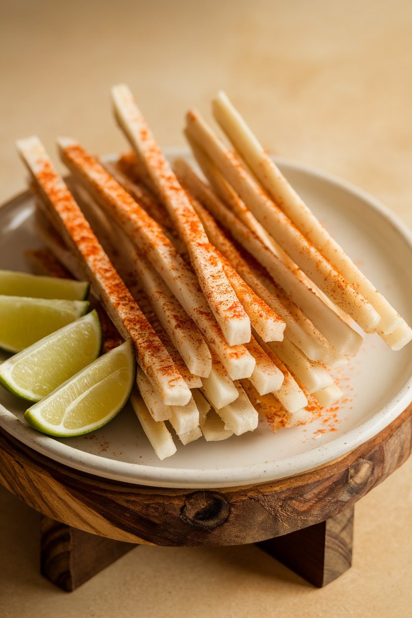 Indoor photo of crisp jicama sticks dusted with chili powder and served with lime wedges on a plate. No text or logos; photo.