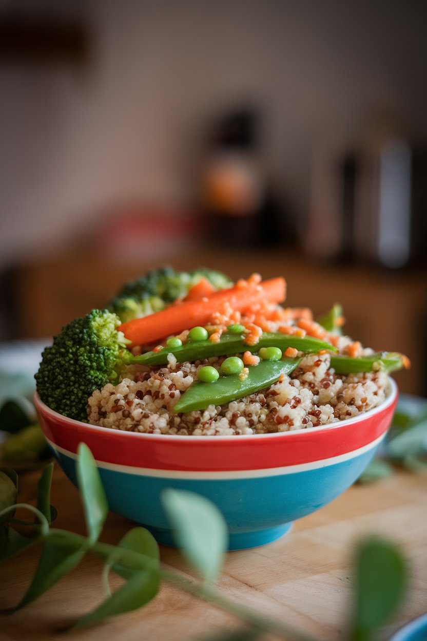 Indoor photo of a colorful quinoa bowl studded with broccoli, snap peas, and carrots glazed in a light teriyaki sauce, no text or logos