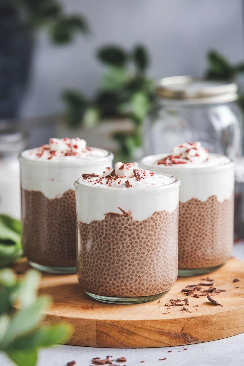Photo of glass jars indoors layered with chocolate chia pudding and a peppermint yogurt topping, crushed cacao nibs on top, no text or logos.