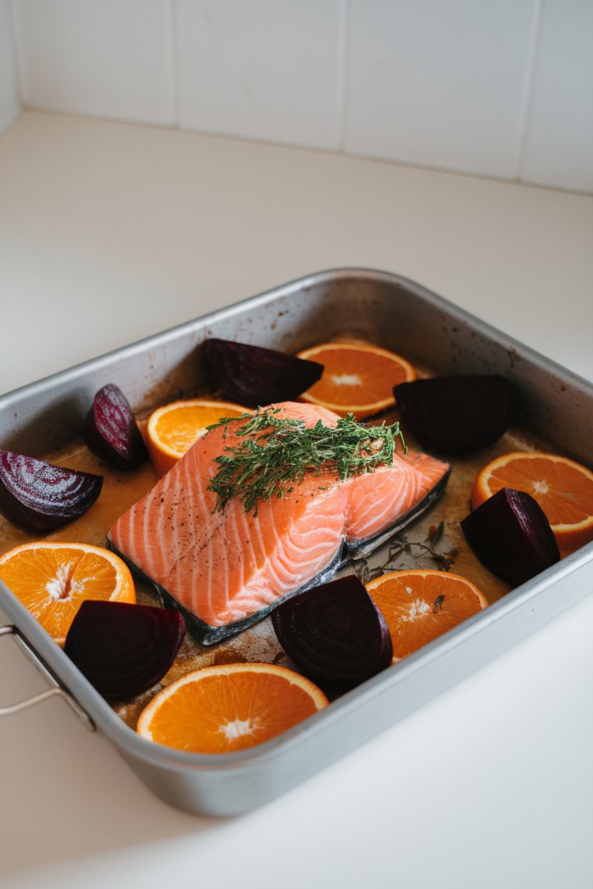 An indoor kitchen table showing a baking dish of salmon surrounded by roasted beet wedges and orange segments, herbs sprinkled on top. No visible brand names.